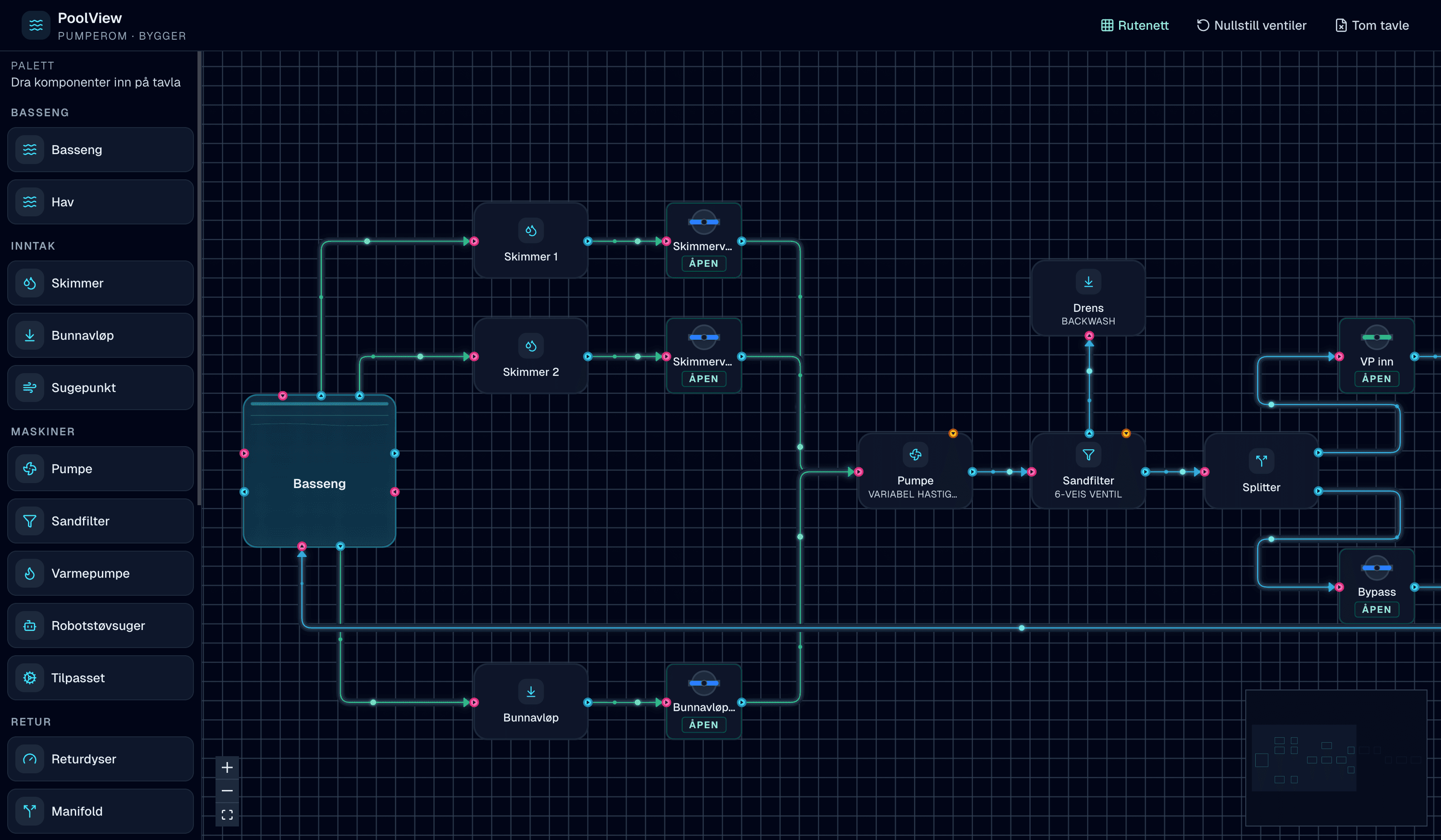PoolView builder canvas with a pump room diagram