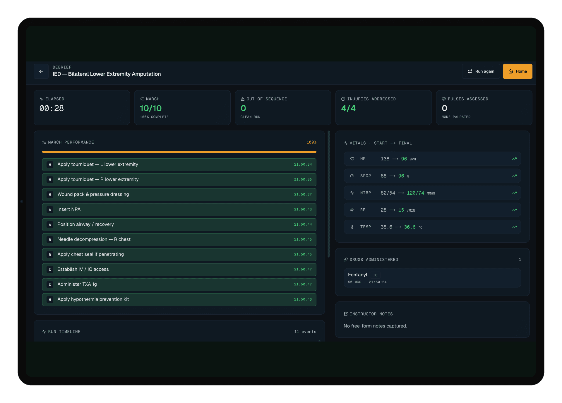StimPack debrief screen with MARCH performance, vitals delta and run timeline