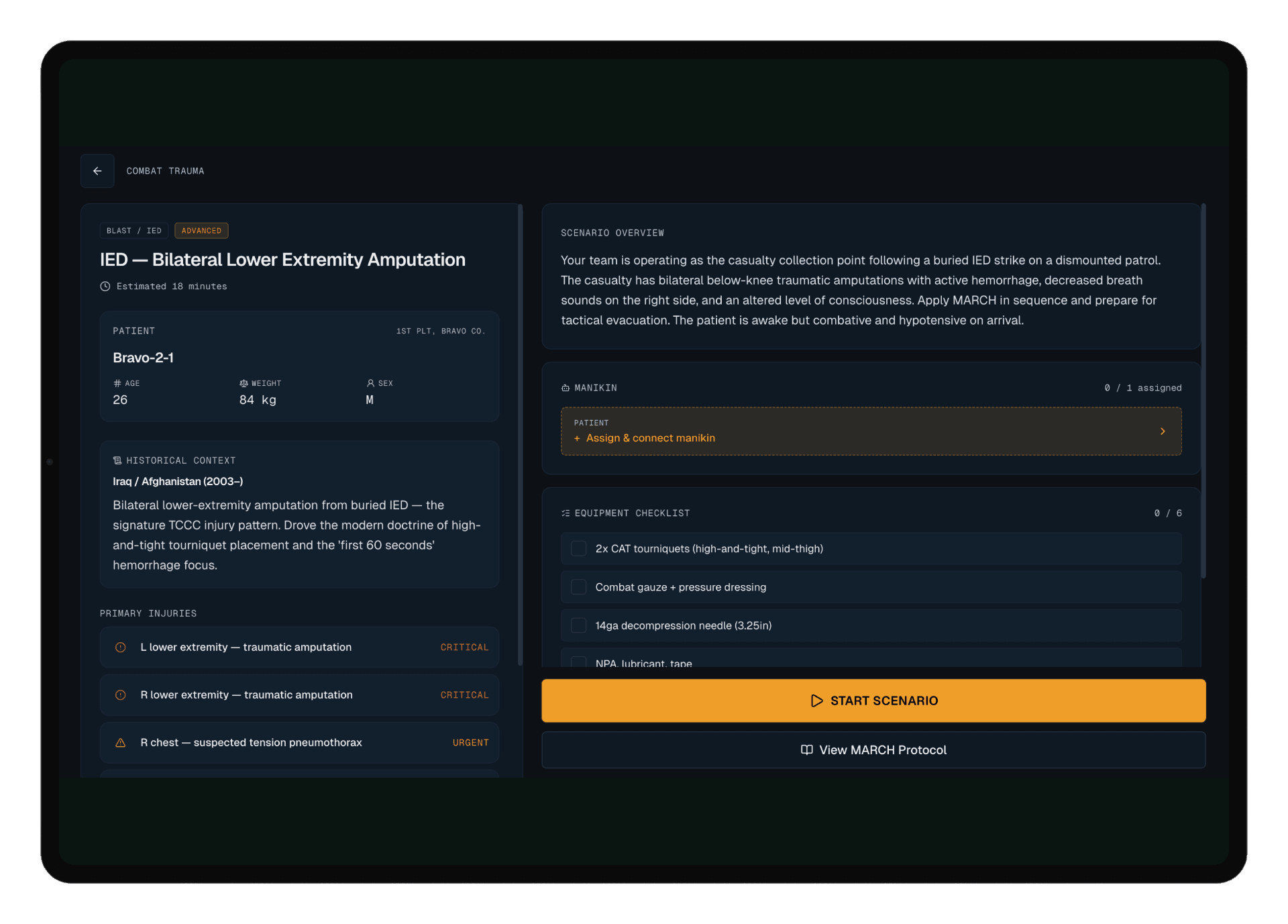StimPack scenario brief with patient card, casualty info and equipment checklist