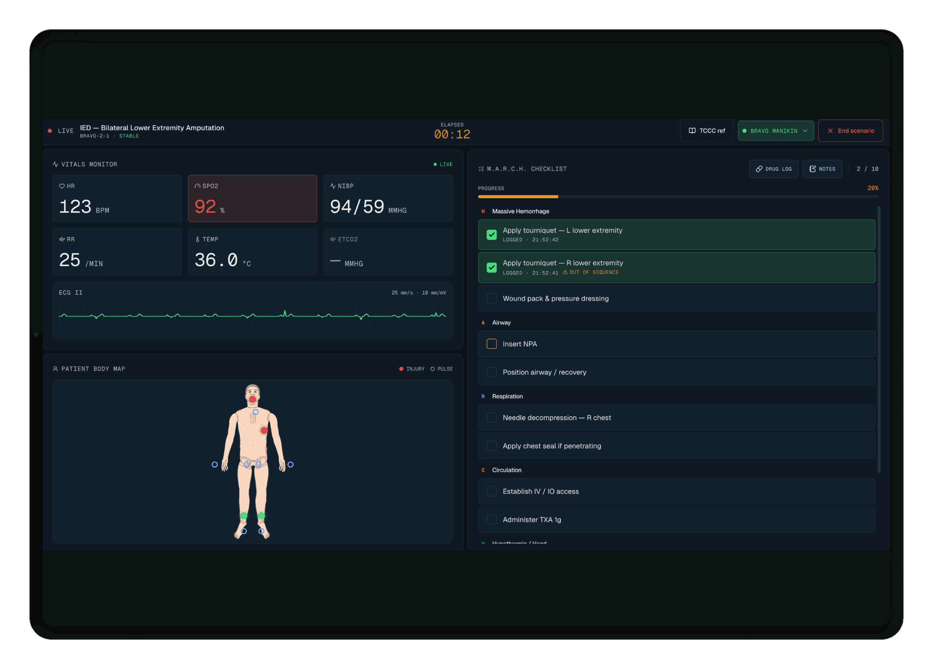StimPack active scenario runner with vitals, body map and MARCH checklist