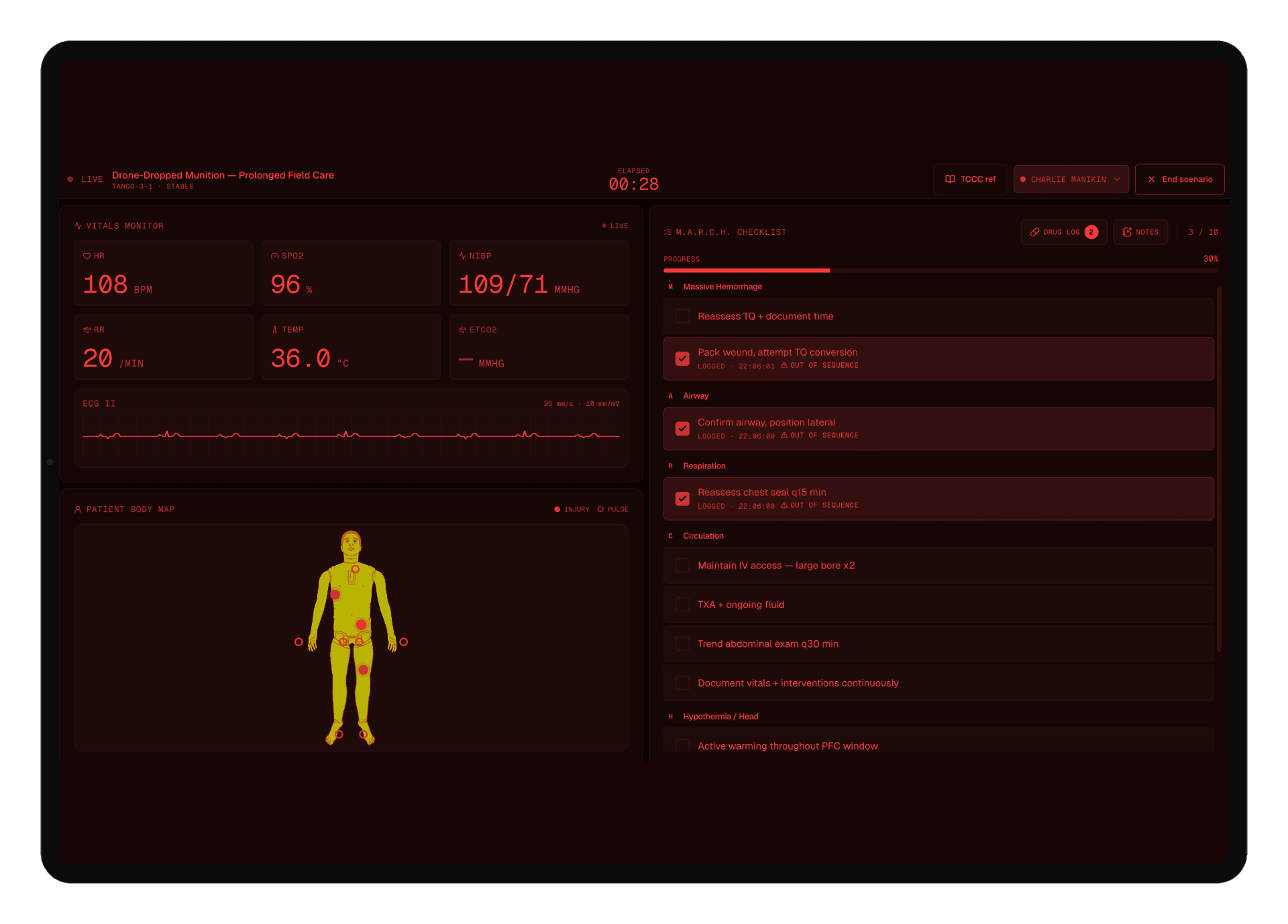 StimPack scenario runner in tactical (red) theme for night-vision-preserving use