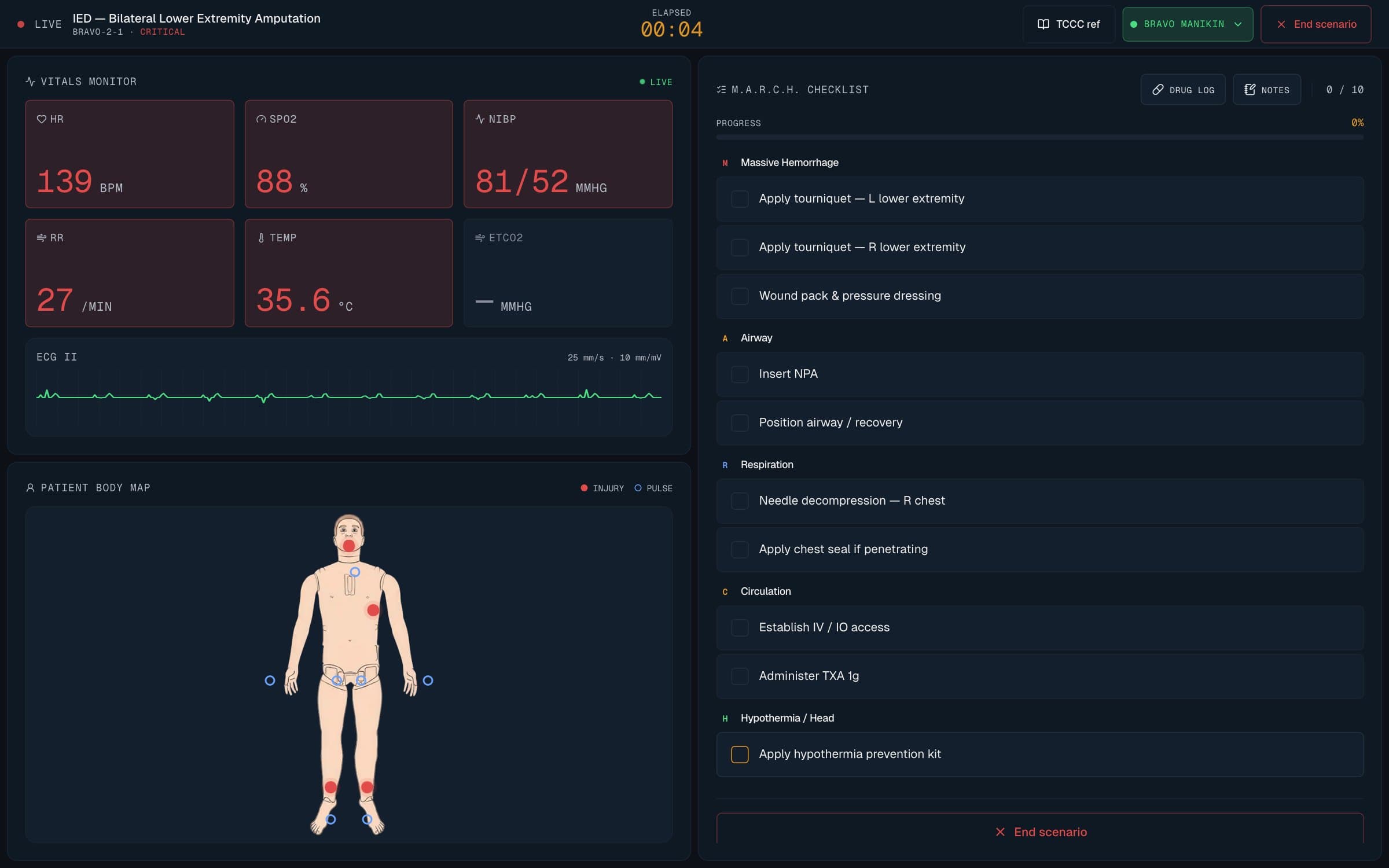StimPack live scenario view with vitals monitor, patient body map and MARCH checklist