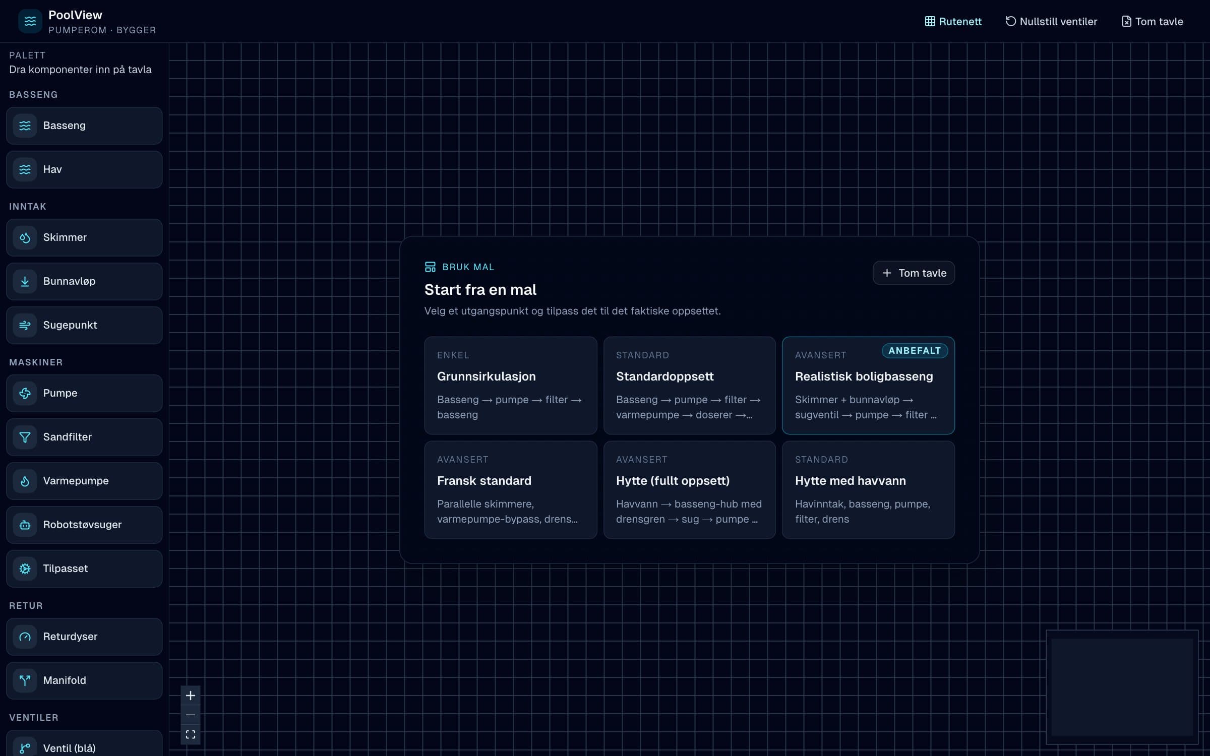 PoolView builder with component palette and template picker